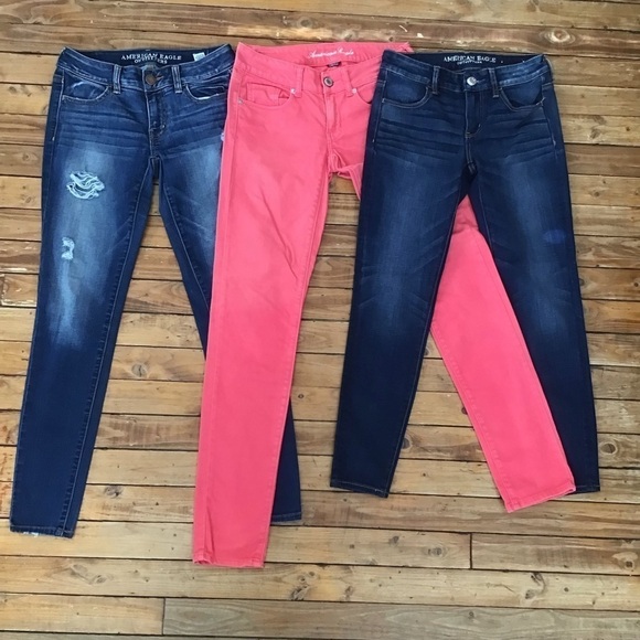 American Eagle jeans 3 bundle tangerine blue jeggings skinny stretchy size 2 - Picture 2 of 11